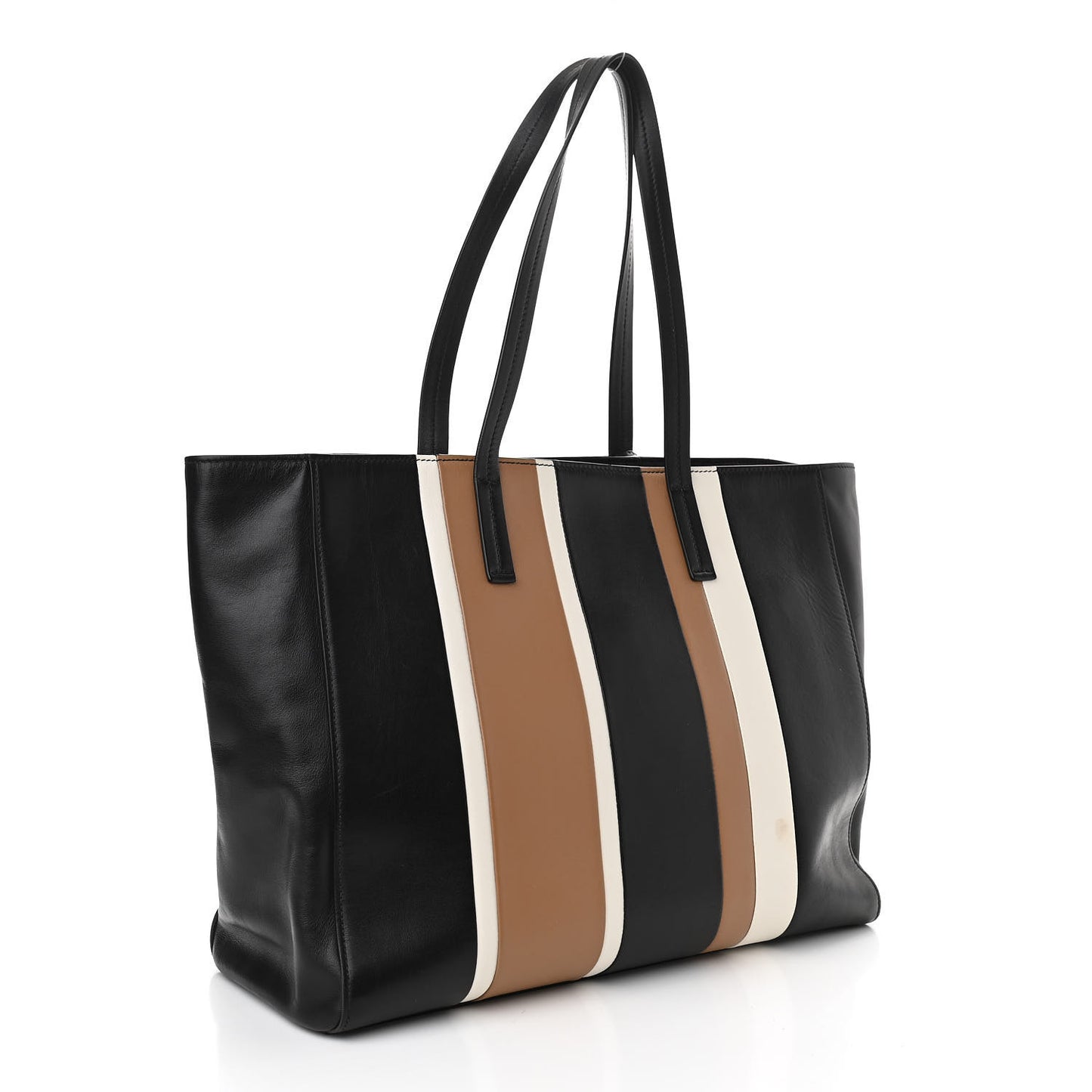 Calfskin Baiadera Striped Shopping Tote Black Caramel White