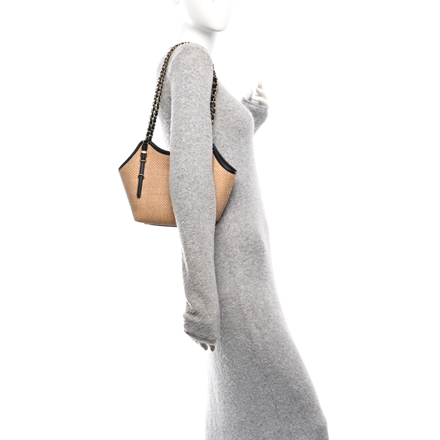 Braided Raffia Quilted Small Shopping Bag Dark Beige Black