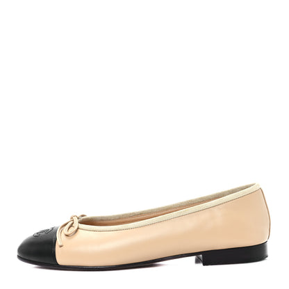 Chanel Lambskin Cap Toe CC Ballerina Flats 36.5 Beige Black 1 of 10