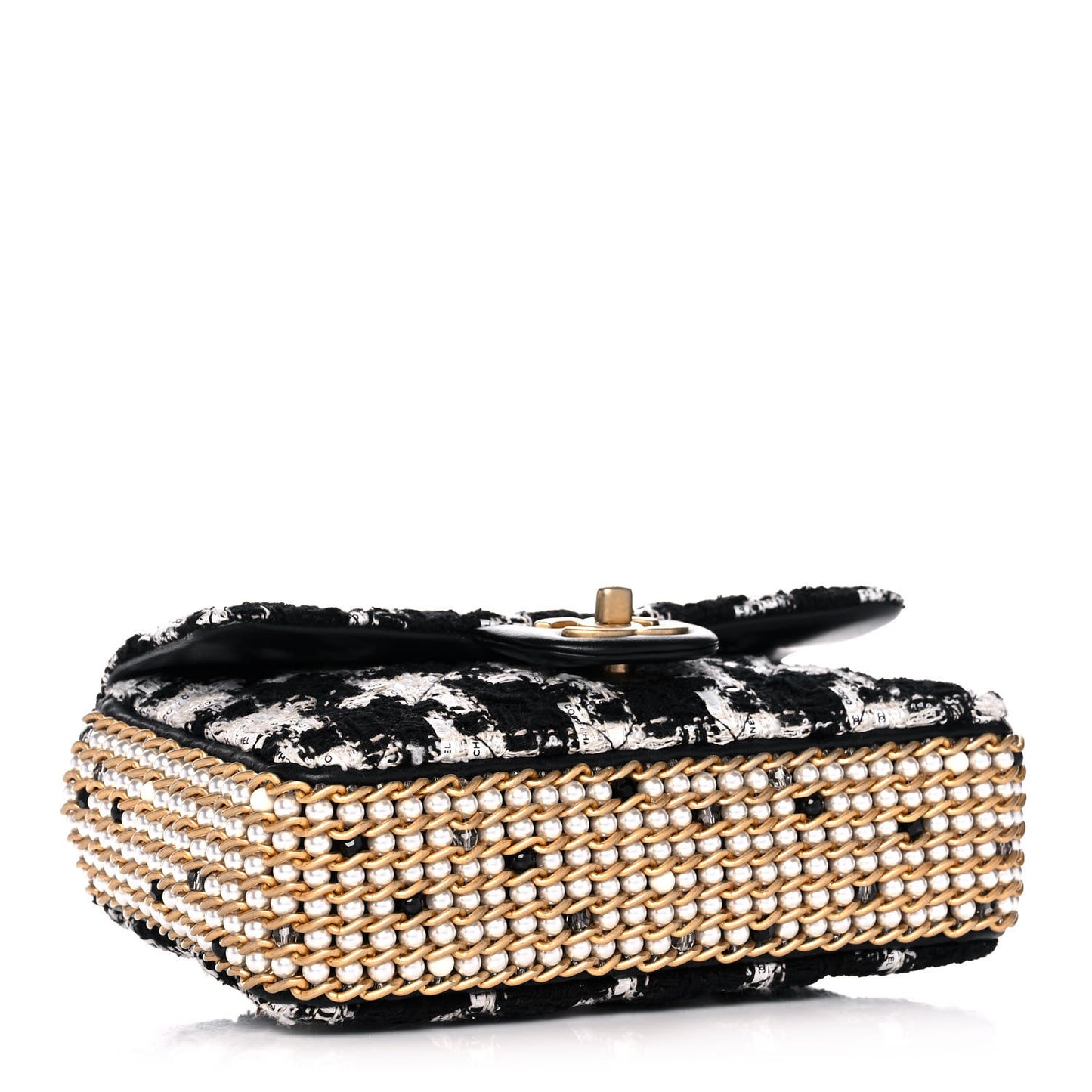Tweed Quilted Mini Side Pearl Flap Bag Black Ecru White