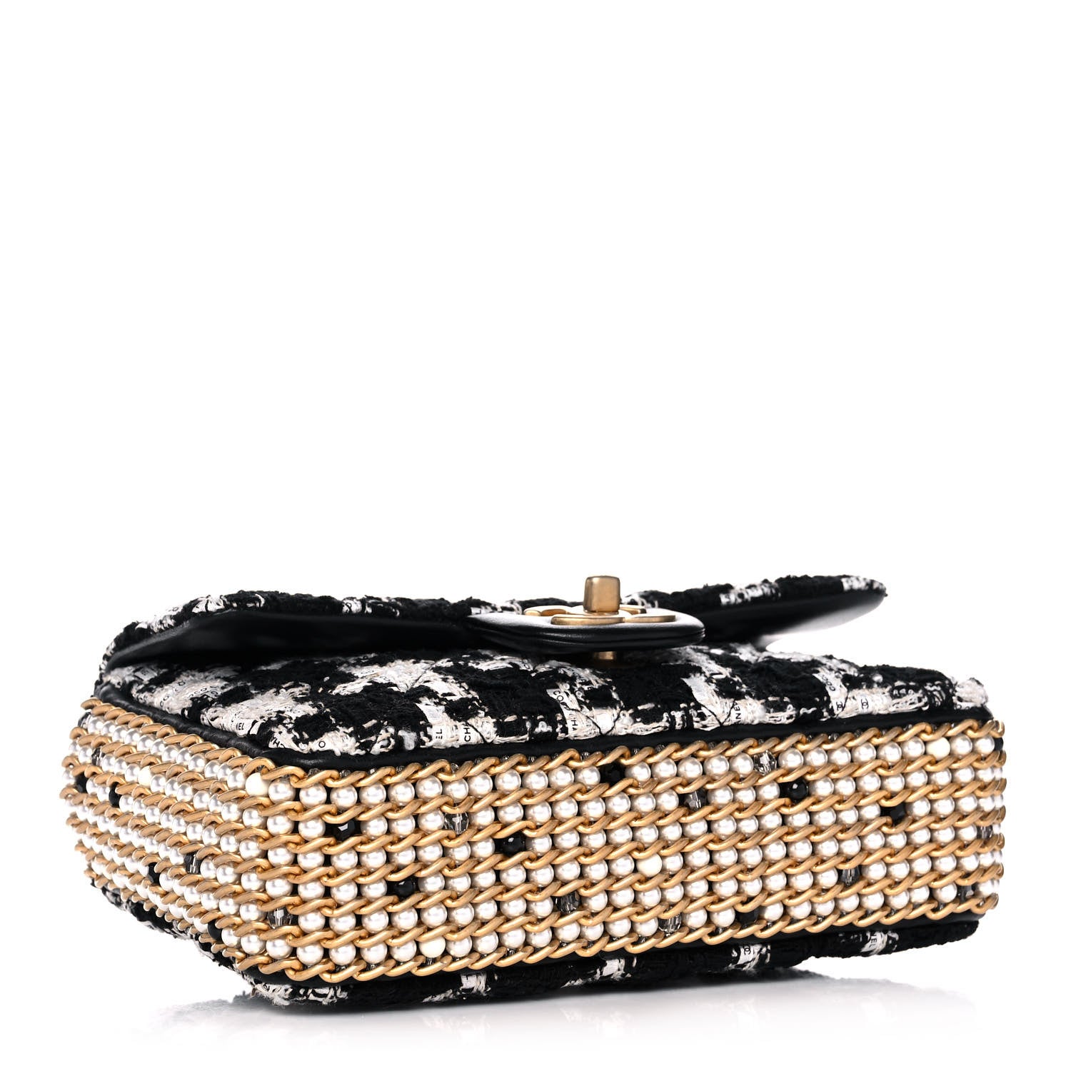 Chanel Tweed Quilted Mini Side Pearl Flap Bag Black Ecru White 4 of 13