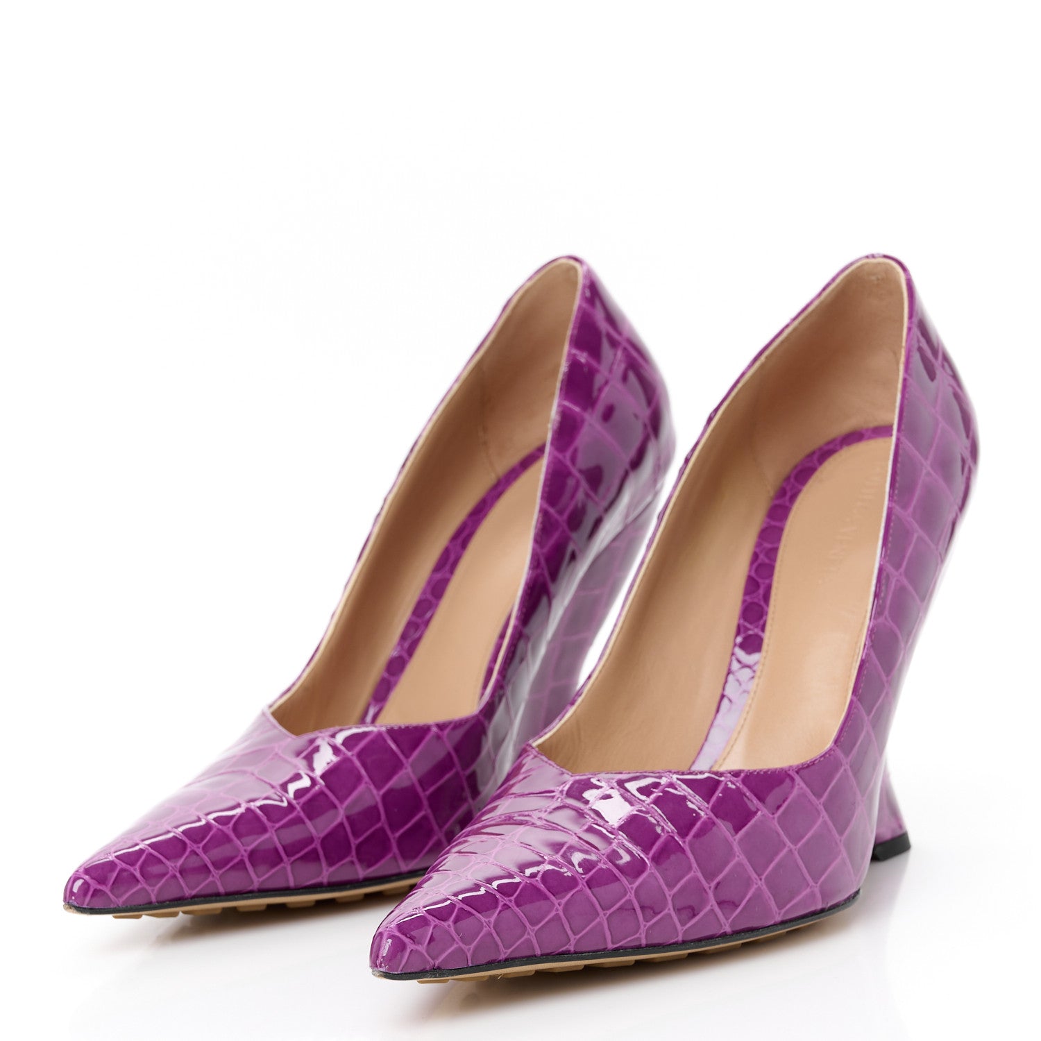 Bottega Veneta Gloss Calfskin Crocodile Embossed Punta Wedge Heels 40 Venom 4 of 9