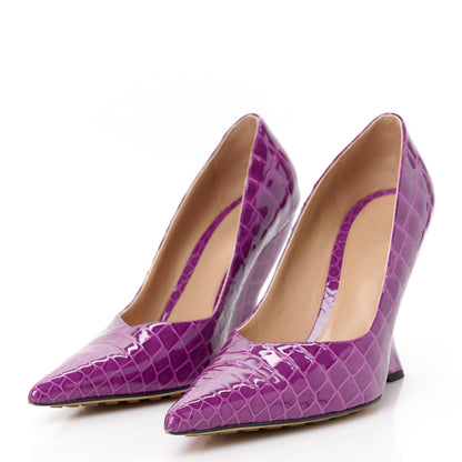 Bottega Veneta Gloss Calfskin Crocodile Embossed Punta Wedge Heels 40 Venom 4 of 9