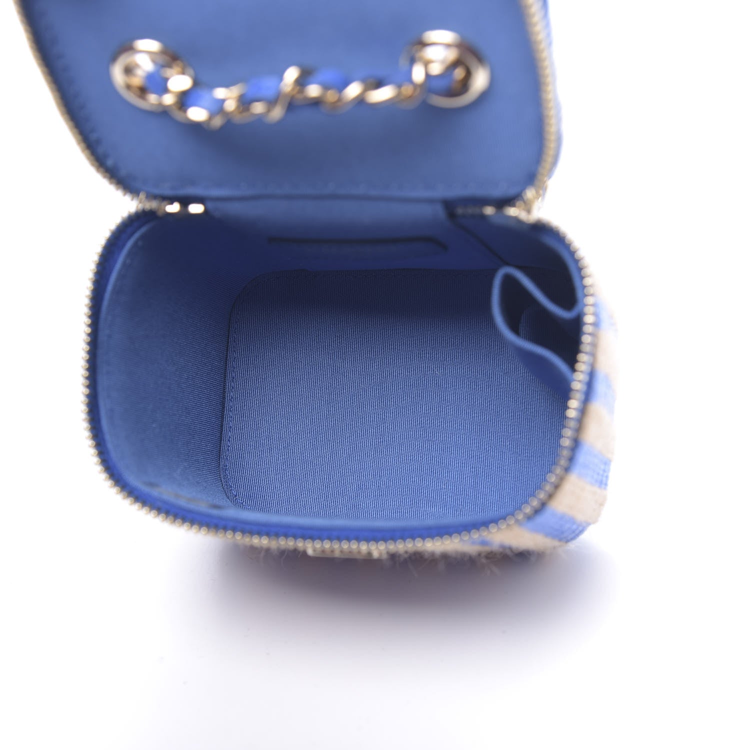 Chanel Raffia Jute Striped Mini Vanity Case With Chain Blue Beige 5 of 10