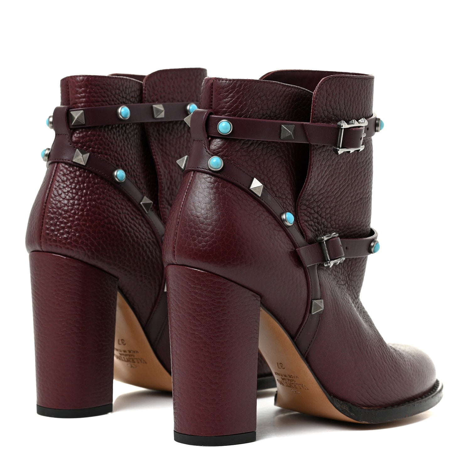 Valentino Garavani Pebbled Calfskin Rockstud Rolling Double Buckle 100mm Block Heel Ankle Boots 37 Rubin 5 of 19