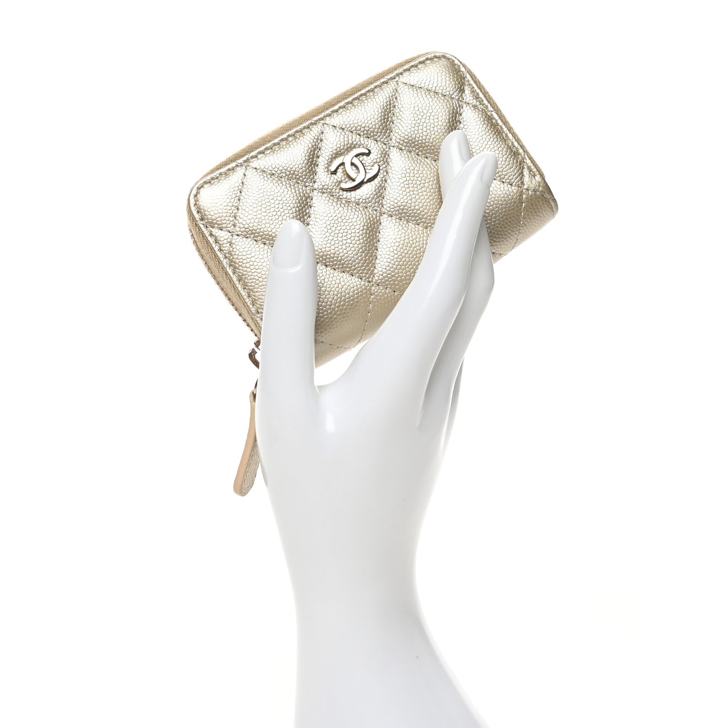 Metallic Caviar Quilted Zip Coin Purse Light Gold