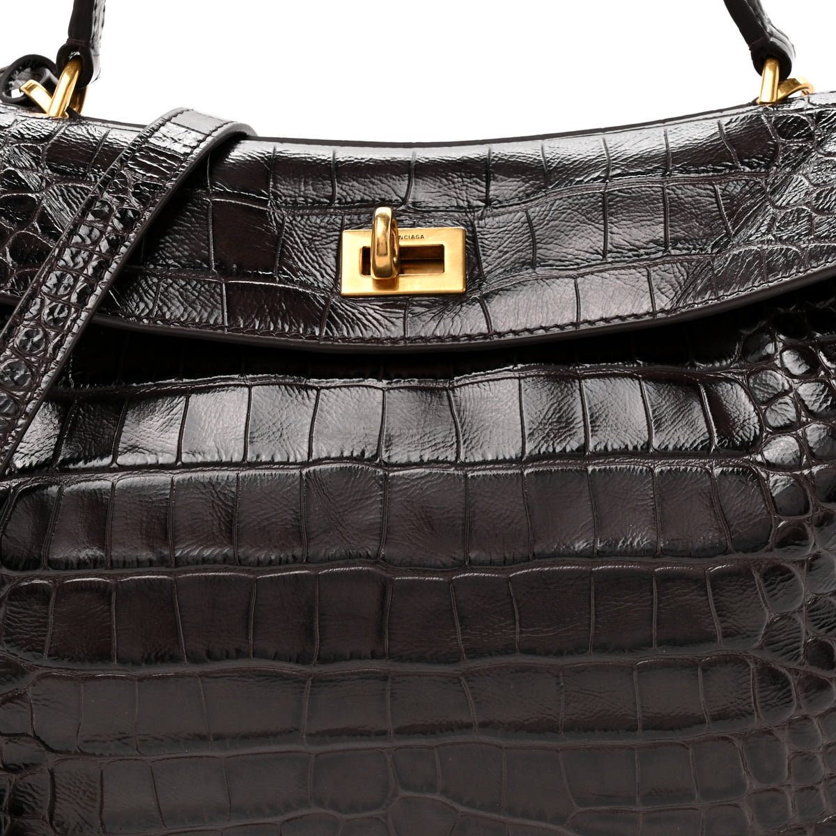 Shiny Calfskin Crocodile Embossed Small Rodeo Top Handle Handbag Espresso