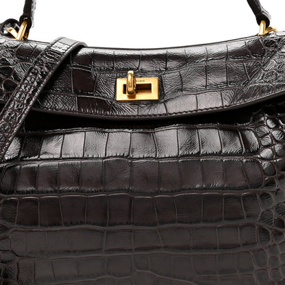 Balenciaga Shiny Calfskin Crocodile Embossed Small Rodeo Top Handle Handbag Espresso 7 of 9