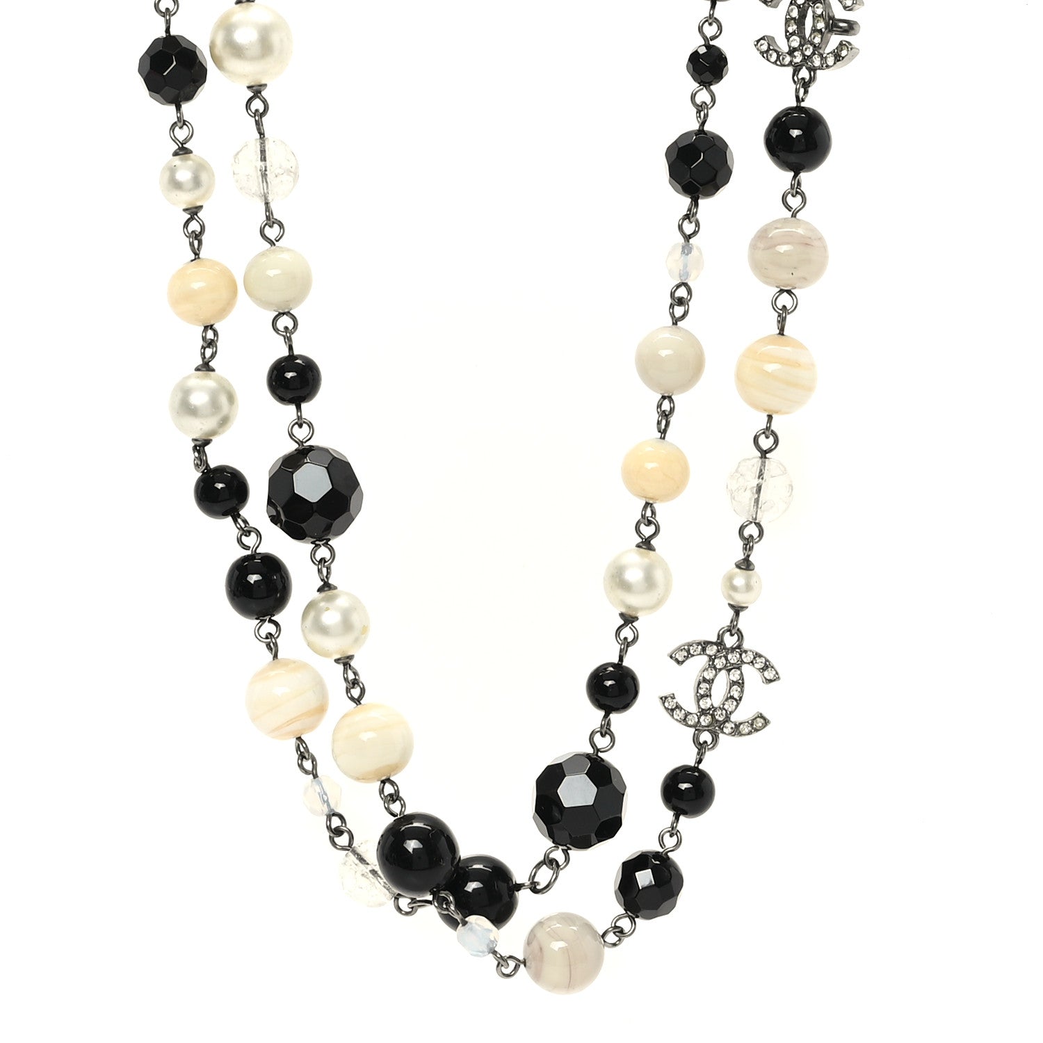 Chanel Pearl Crystal Bead CC Long Necklace Black Silver 1 of 4