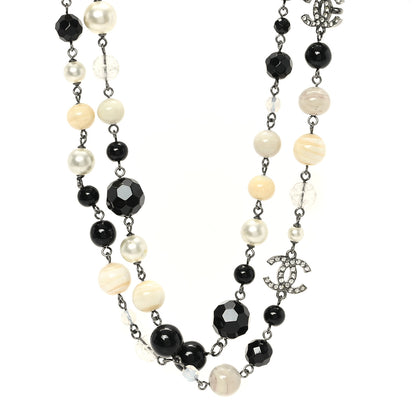 Chanel Pearl Crystal Bead CC Long Necklace Black Silver 1 of 4