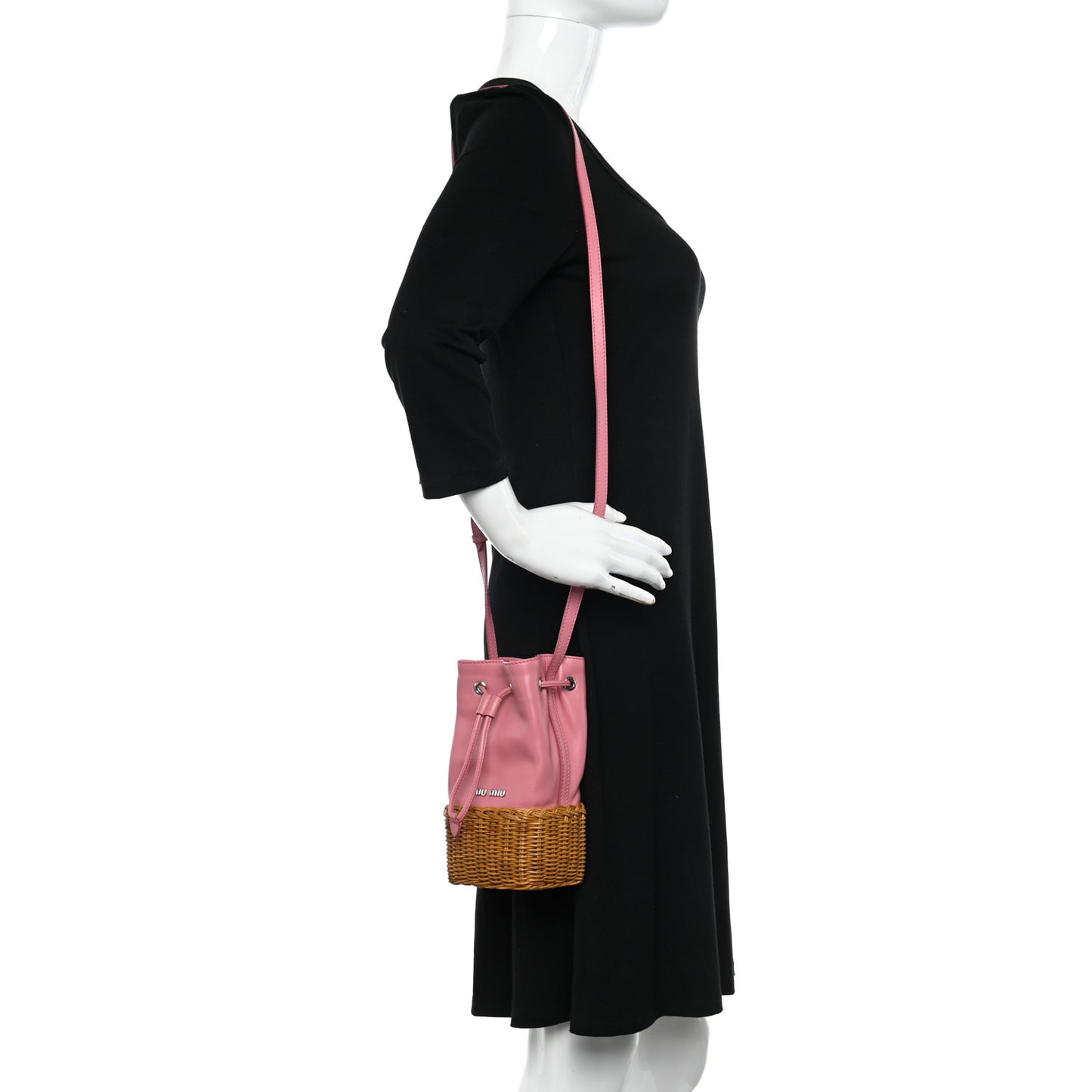 Grace Lux Calfskin Rattan Woven Bucket Drawstring Crossbody Bag Begonia Miel