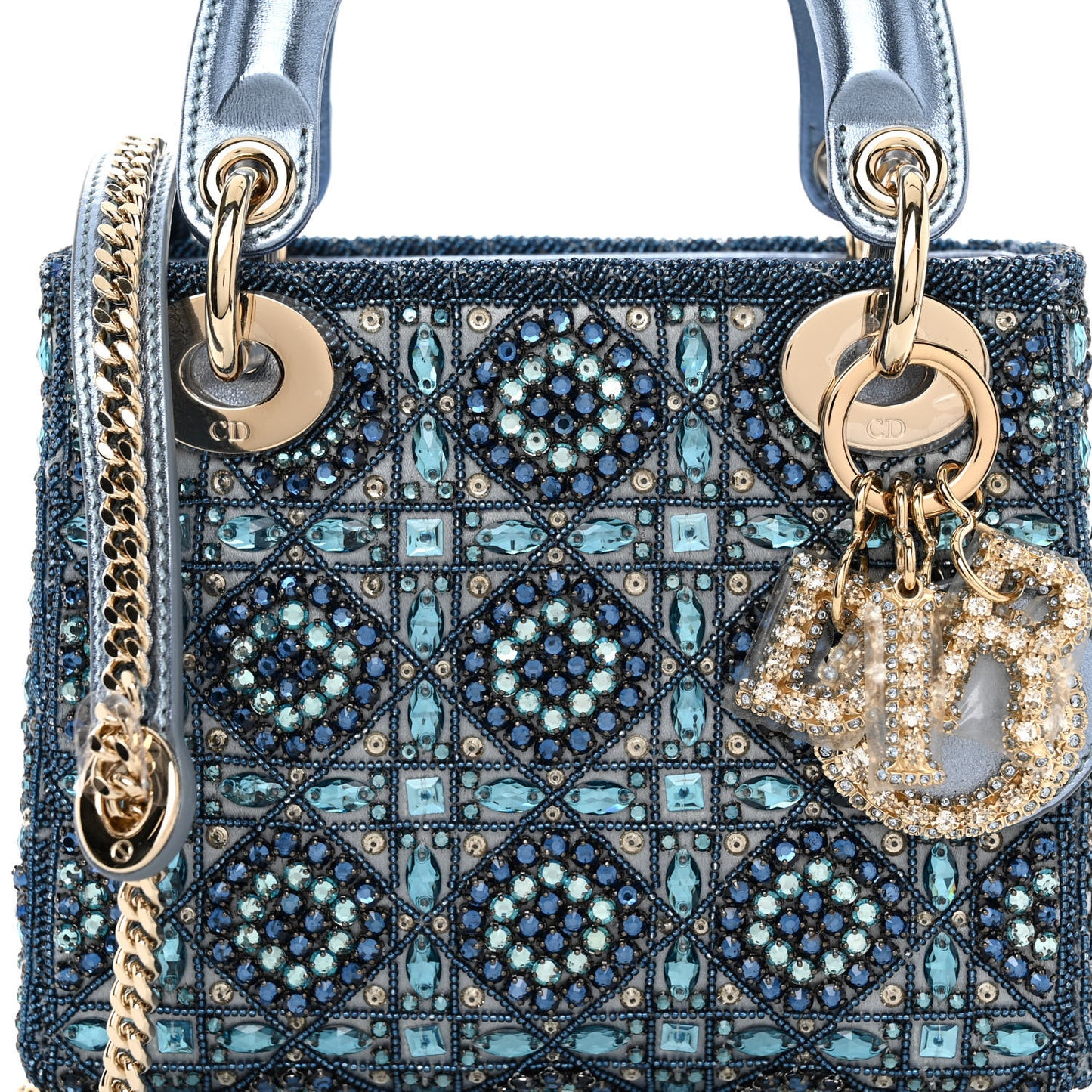Metallic Calfskin Satin Celestial Bead Embroidery Cannage Mini Lady Dior Blue
