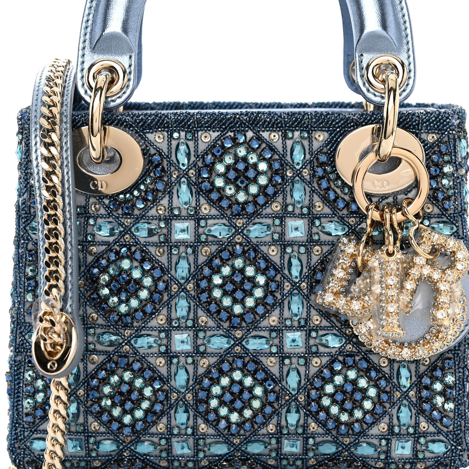 Christian Dior Metallic Calfskin Satin Celestial Bead Embroidery Cannage Mini Lady Dior Blue 8 of 11