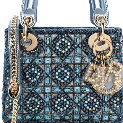 Christian Dior Metallic Calfskin Satin Celestial Bead Embroidery Cannage Mini Lady Dior Blue 8 of 11