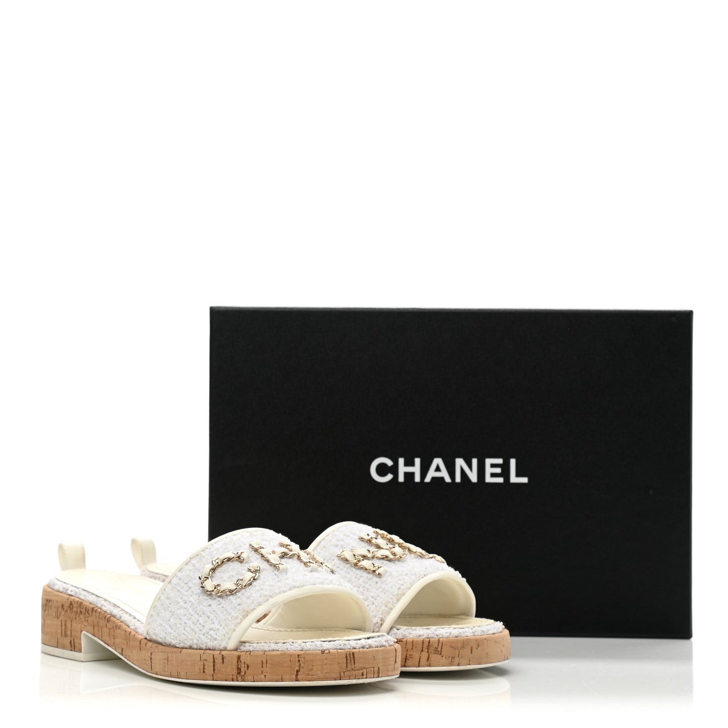Tweed Cork CC Chain Mule Sandal 40.5 White