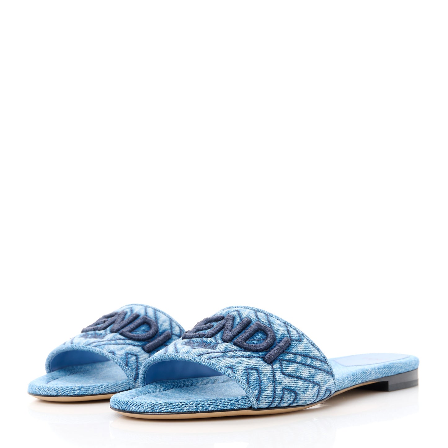 Denim Print Logo Flat Slide Sandals 39 Navy Blue