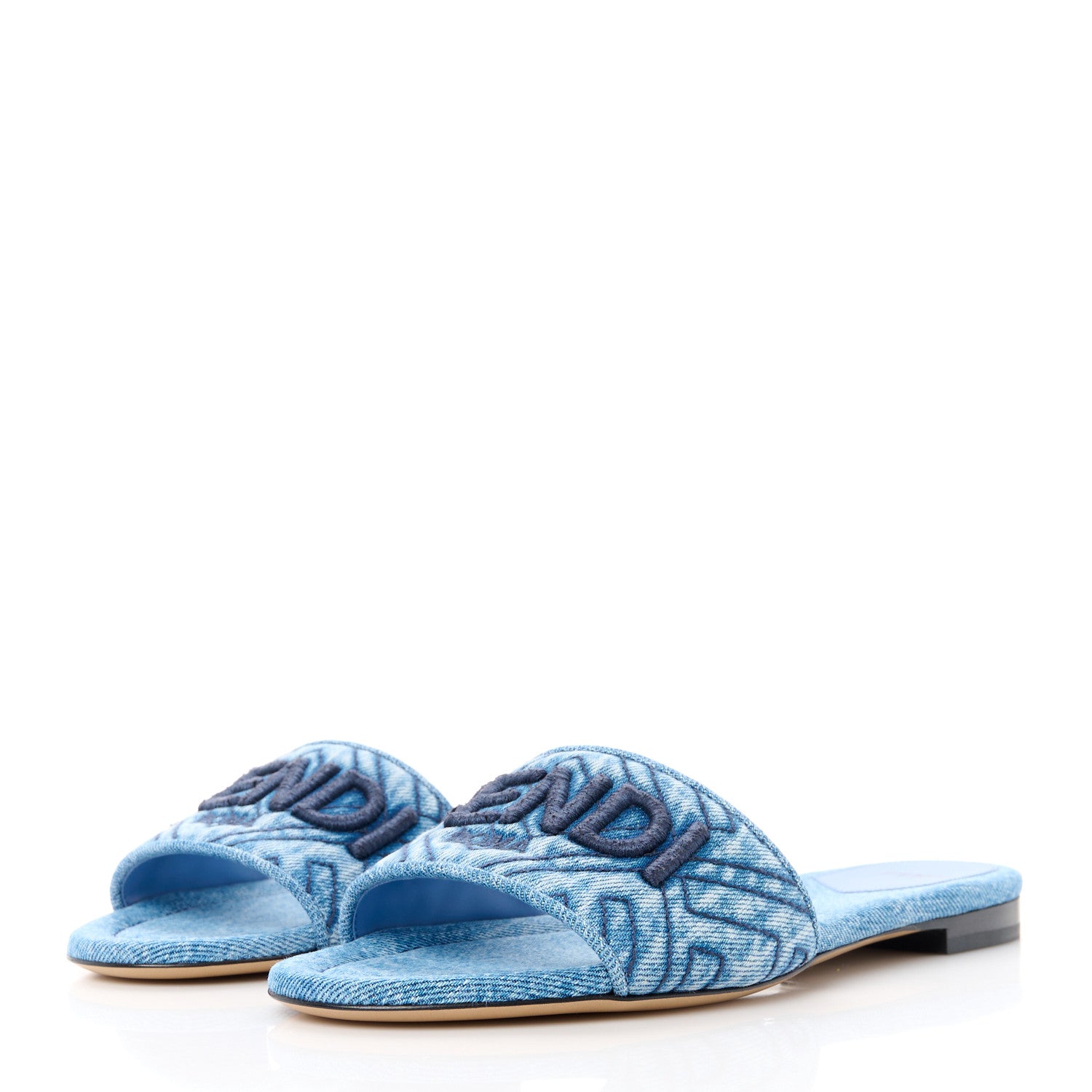 Fendi Denim Print Logo Flat Slide Sandals 39 Navy Blue 3 of 9