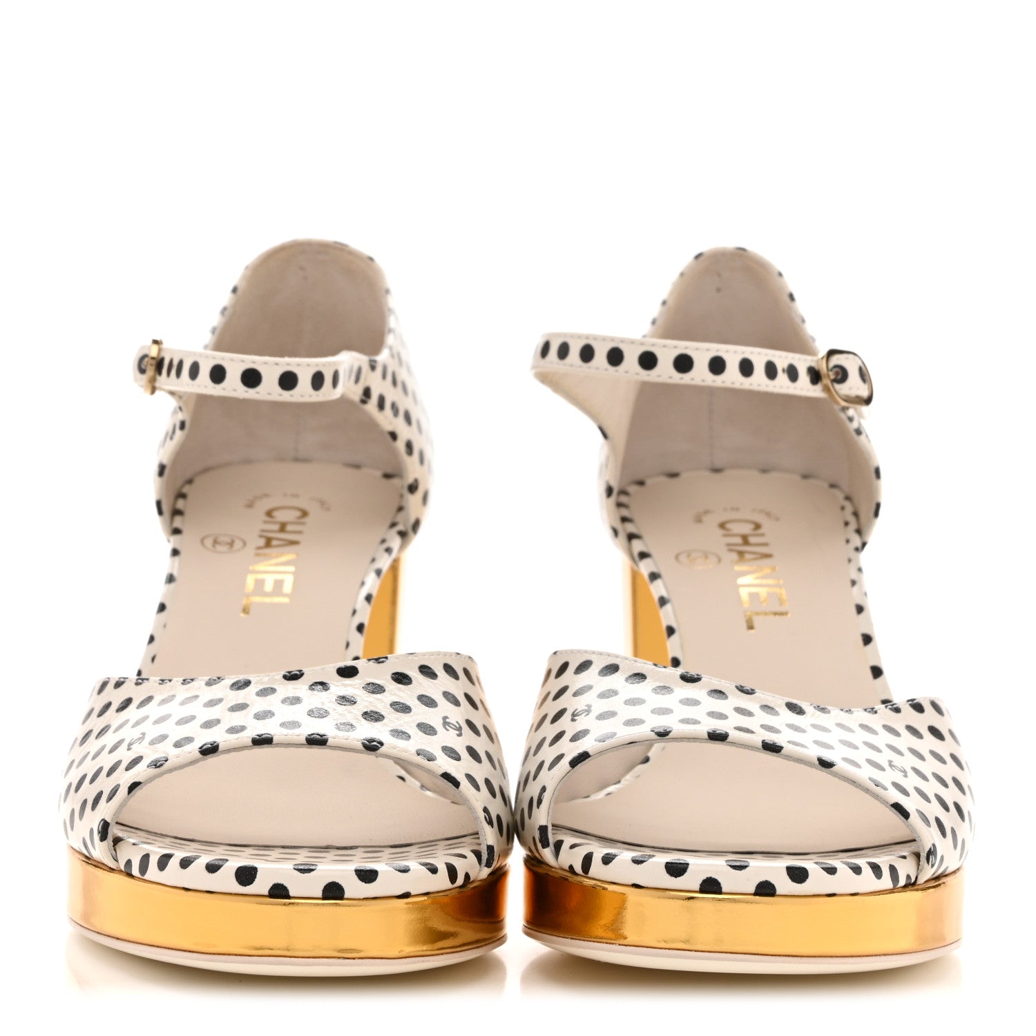 Chanel Printed Calfskin Polka Dot CC Platform Sandals 37 Ivory Black 3 of 9