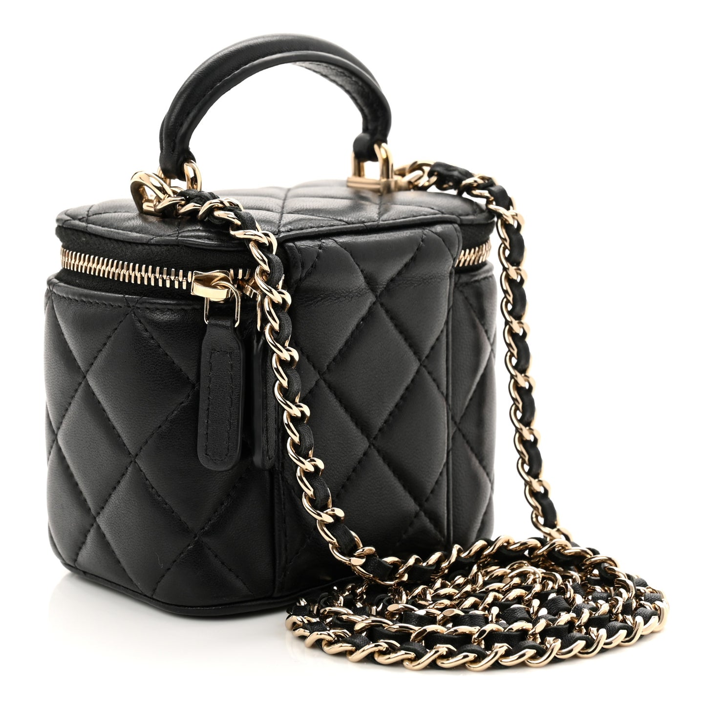 Lambskin Quilted Top Handle Mini Vanity Case With Chain Black