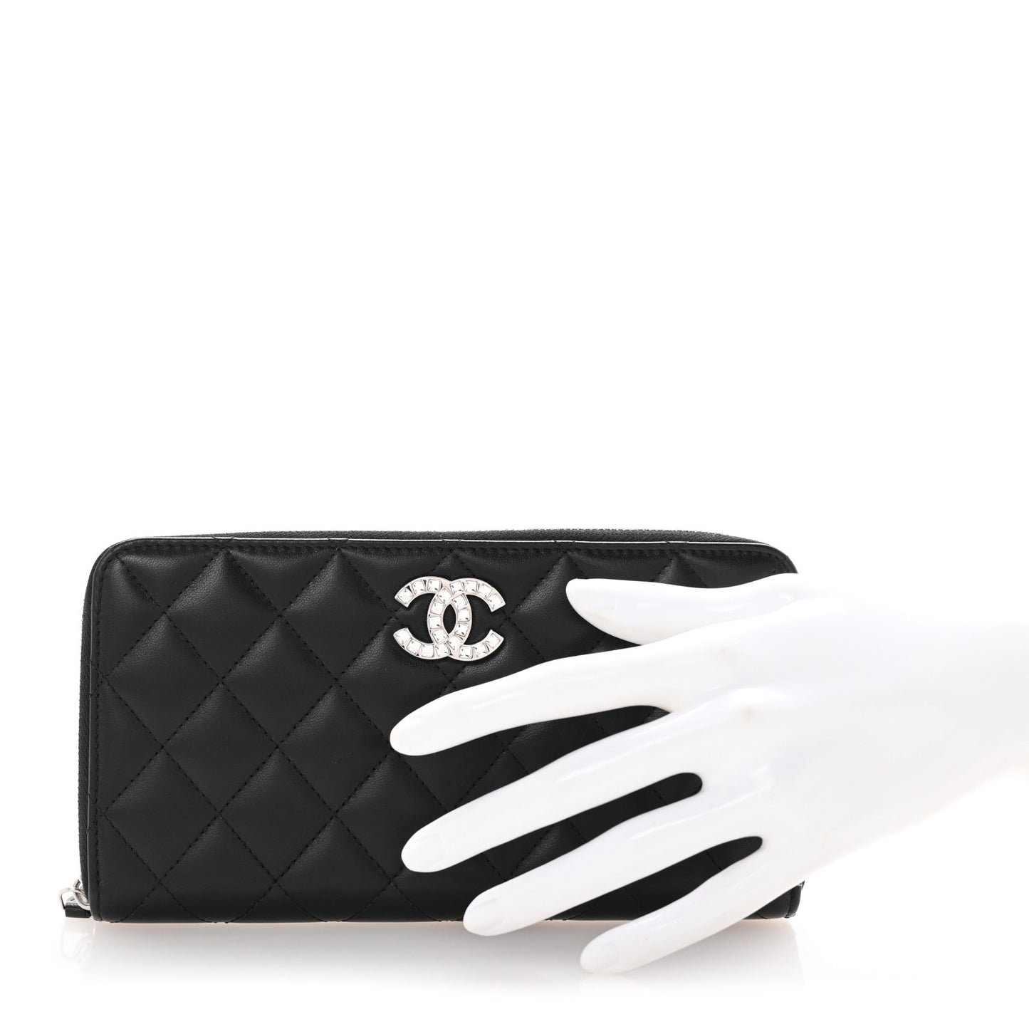Lambskin Quilted Baguette Crystal Large Gusset Zip Around Wallet Black