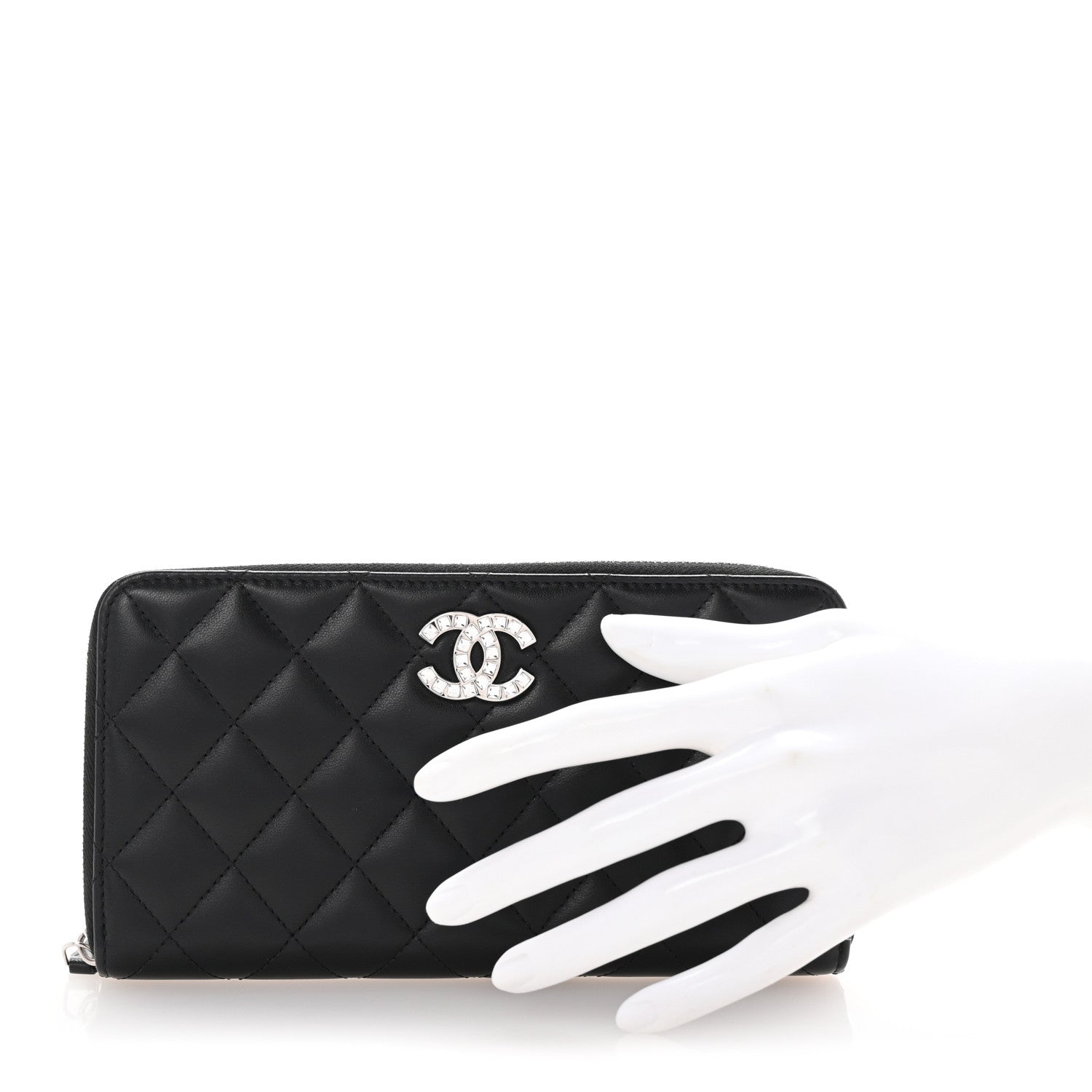 Chanel Lambskin Quilted Baguette Crystal Large Gusset Zip Around Wallet Black 2 of 8