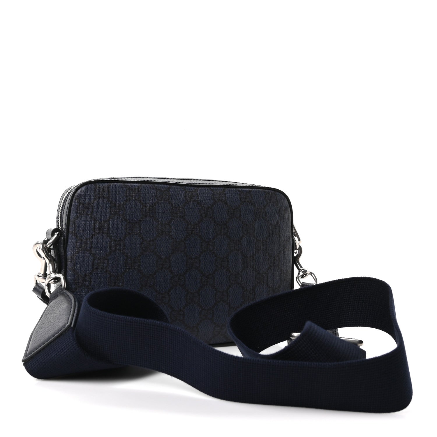 Gucci GG Supreme Monogram Textured Dollar Calfskin Web Ophidia Wristlet Shoulder Bag Black Blue 3 of 10