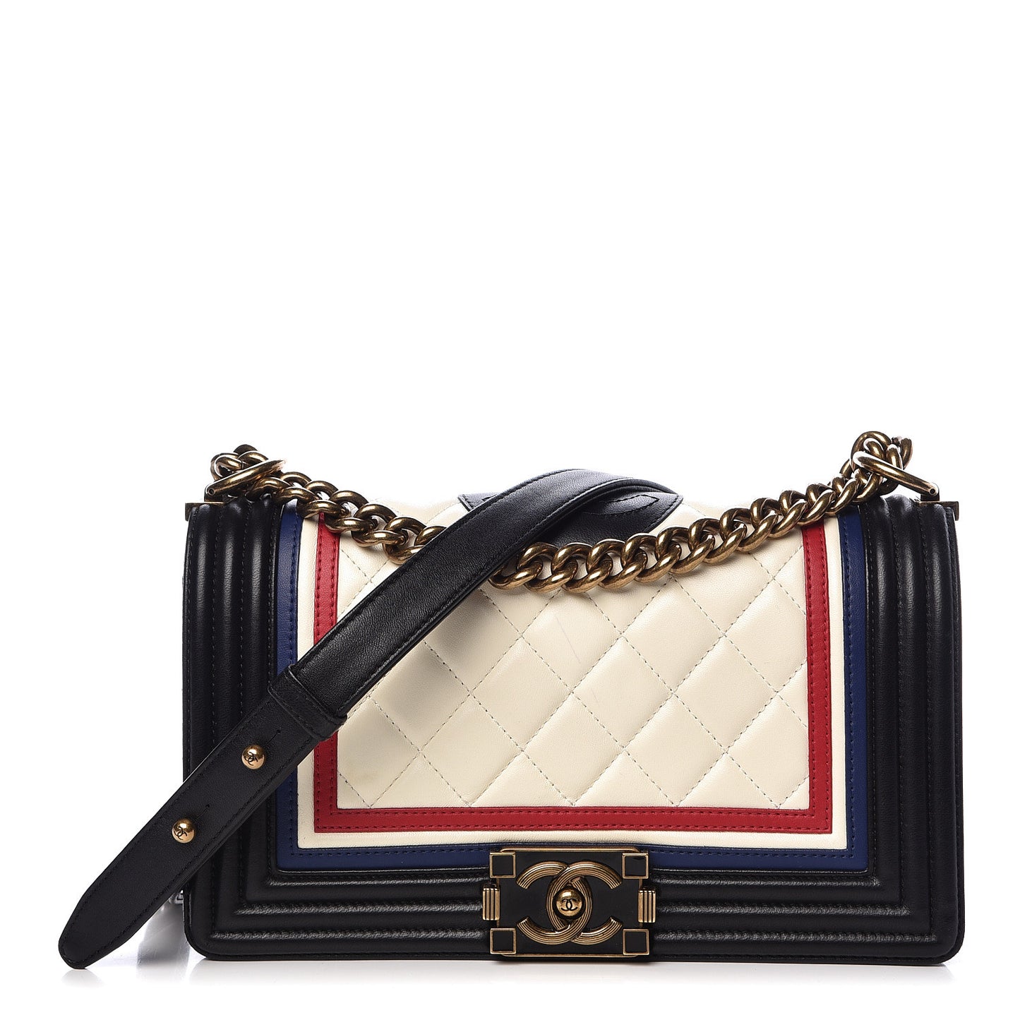 Lambskin Quilted Crest Embellished Medium Boy Flap Black White Blue