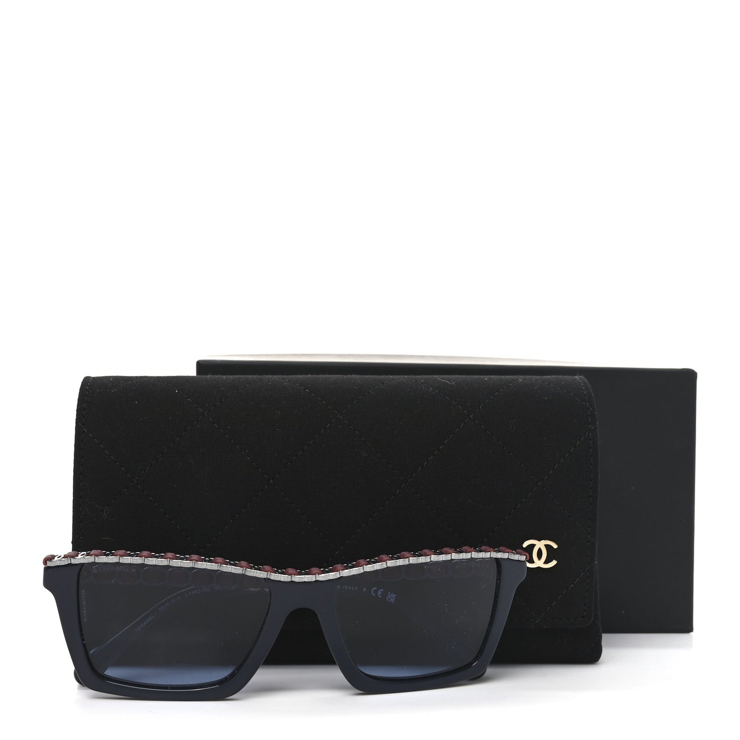 Acetate Metal Calfskin CC Square Sunglasses 5548-Q-A Black Burgundy