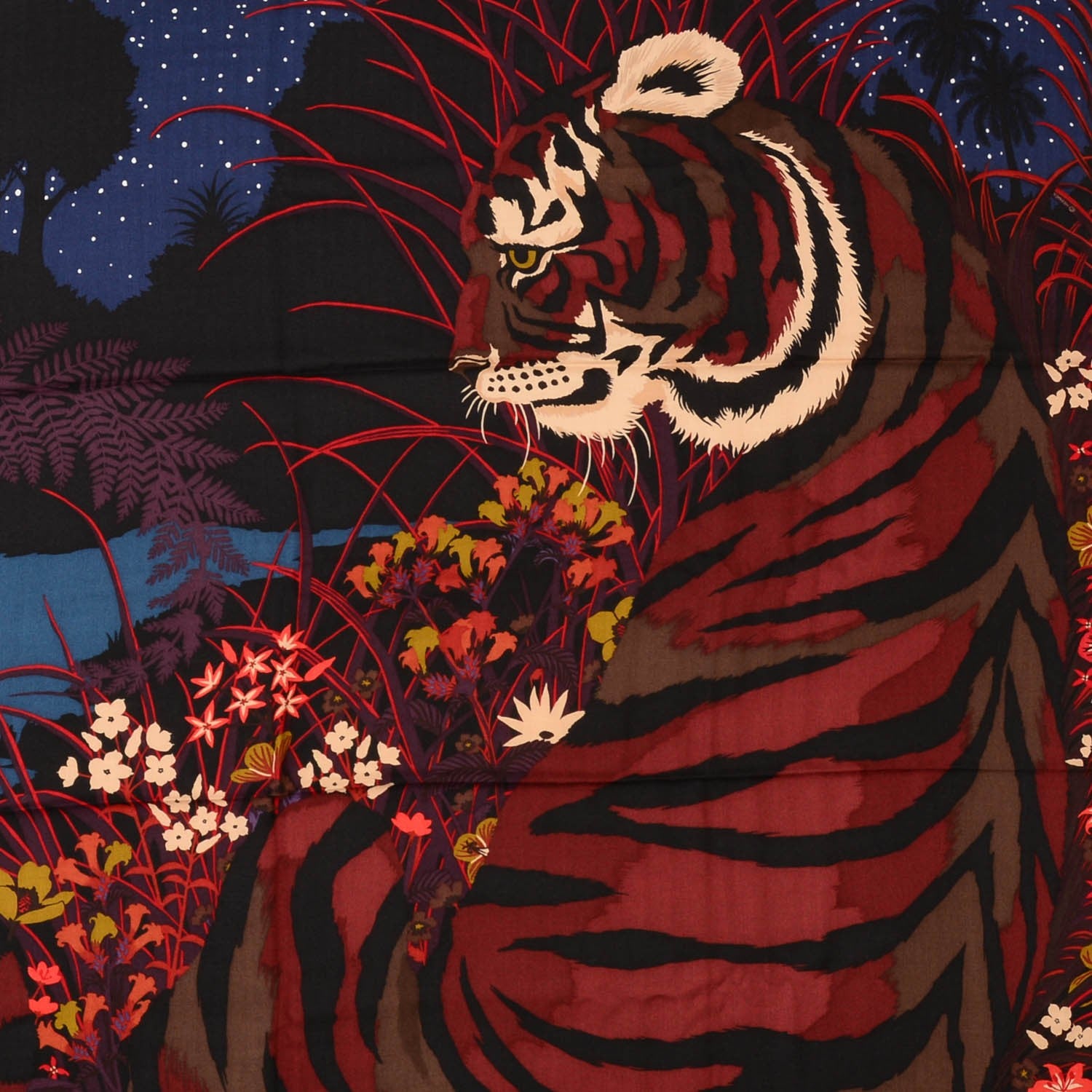 Hermes Cashmere Silk Tyger Tyger Shawl 140 Bleu Nuit Acajou Prune