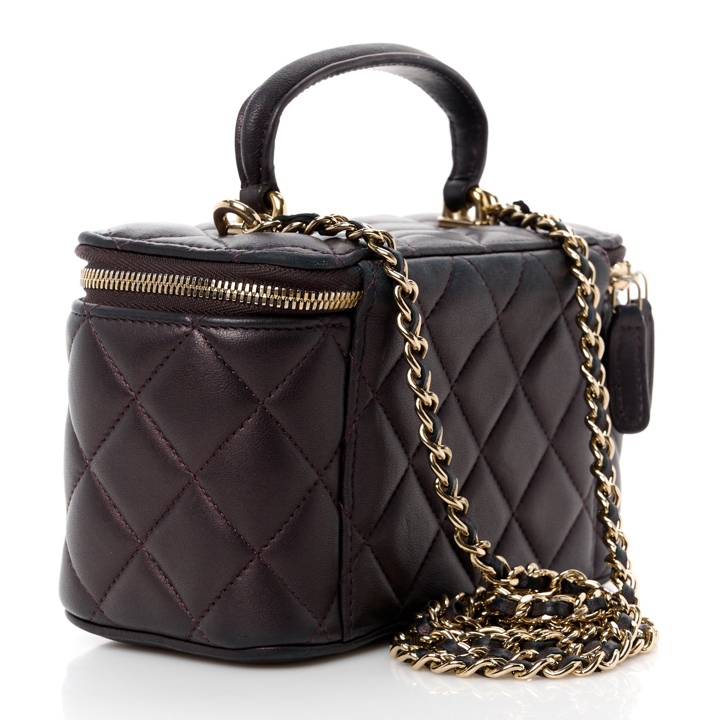 Iridescent Lambskin Quilted Small Top Handle Vanity Case With Chain Burgundy