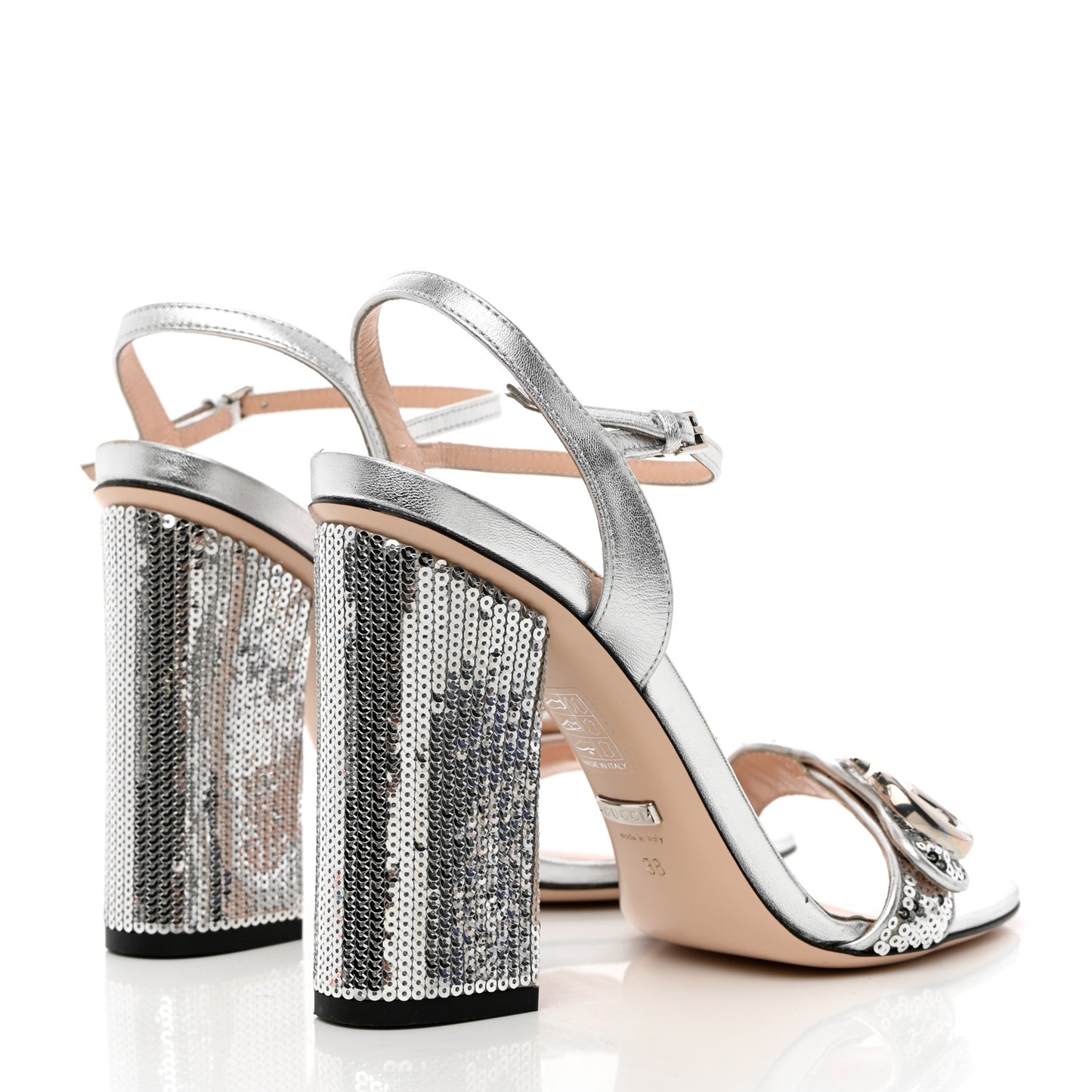 Sequin Satin Nappa GG Marmont Ankle Wrap 105mm Sandals 38 Silver Grigio Argento