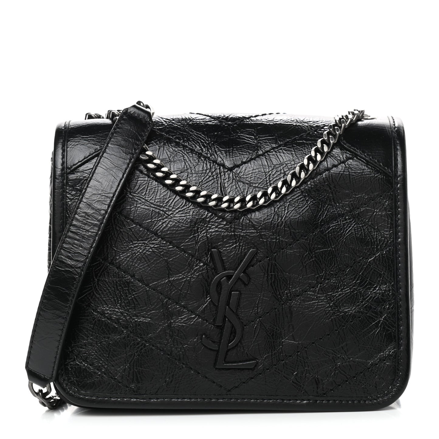 Crinkled Calfskin Matelasse Monogram Niki Chain Wallet Black