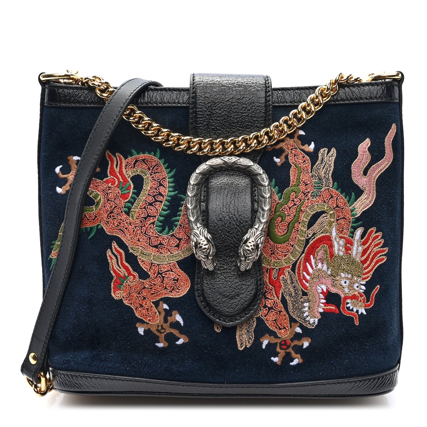 Suede Patent Dragon Embroidered Medium Dionysus Bucket Bag Dark Blue