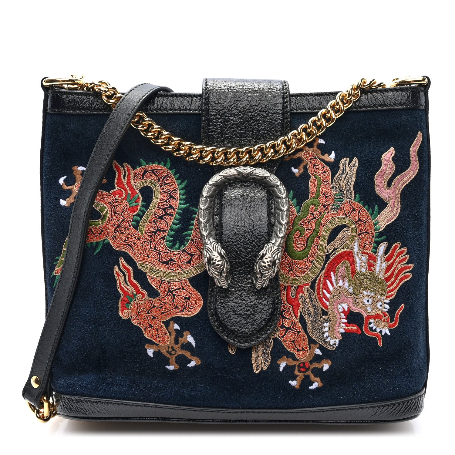 Gucci Suede Patent Dragon Embroidered Medium Dionysus Bucket Bag Dark Blue 1 of 9