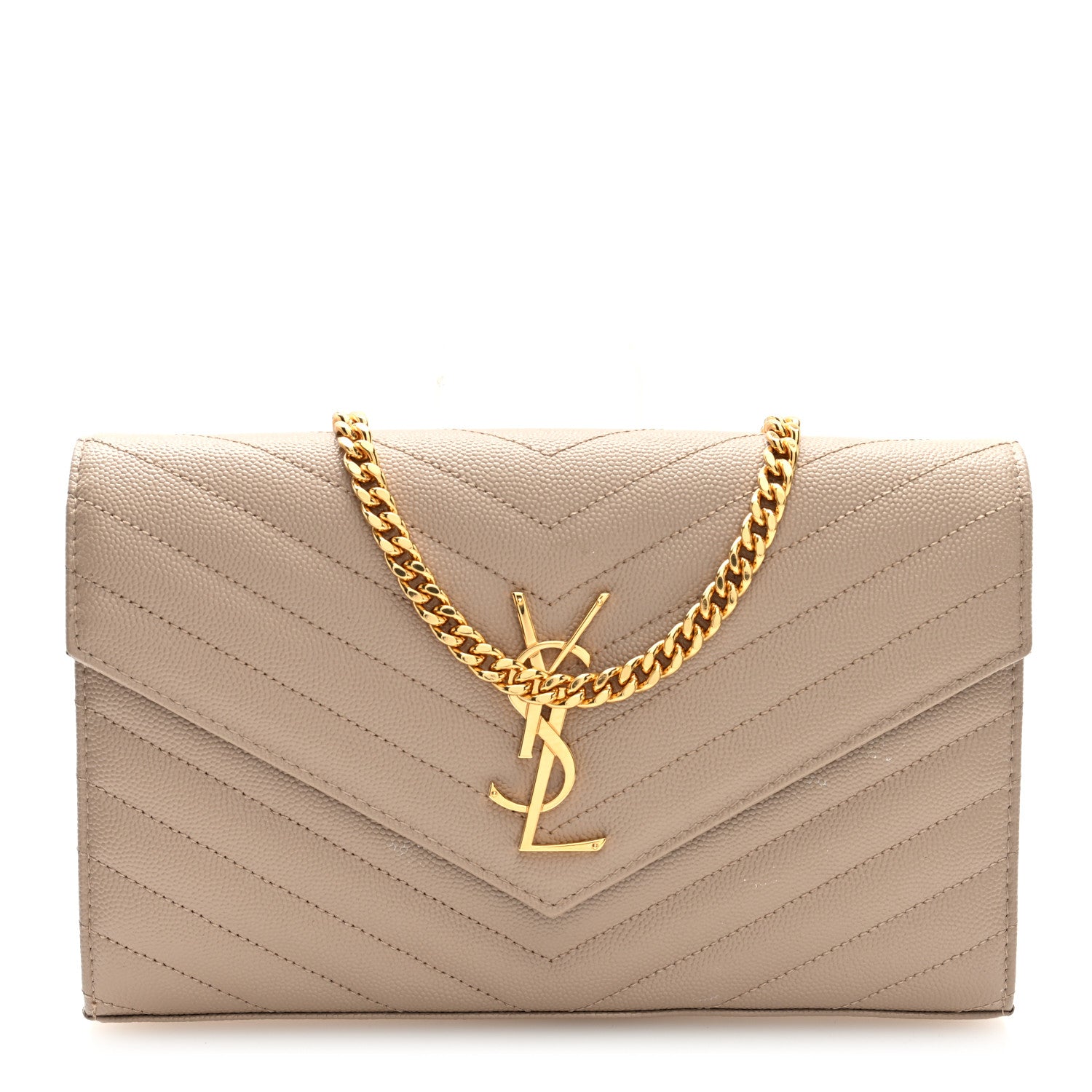 Saint Laurent Grain De Poudre Matelasse Chevron Monogram Chain Wallet Dark Beige 1 of 10