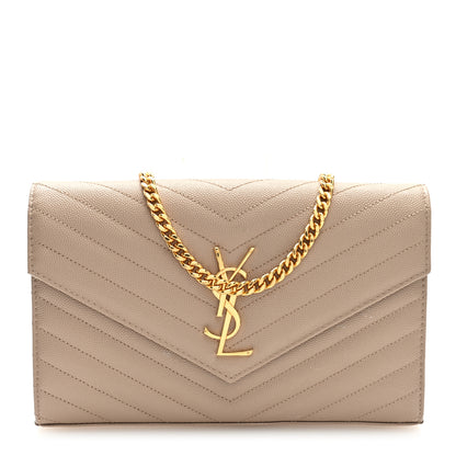 Saint Laurent Grain De Poudre Matelasse Chevron Monogram Chain Wallet Dark Beige 1 of 10
