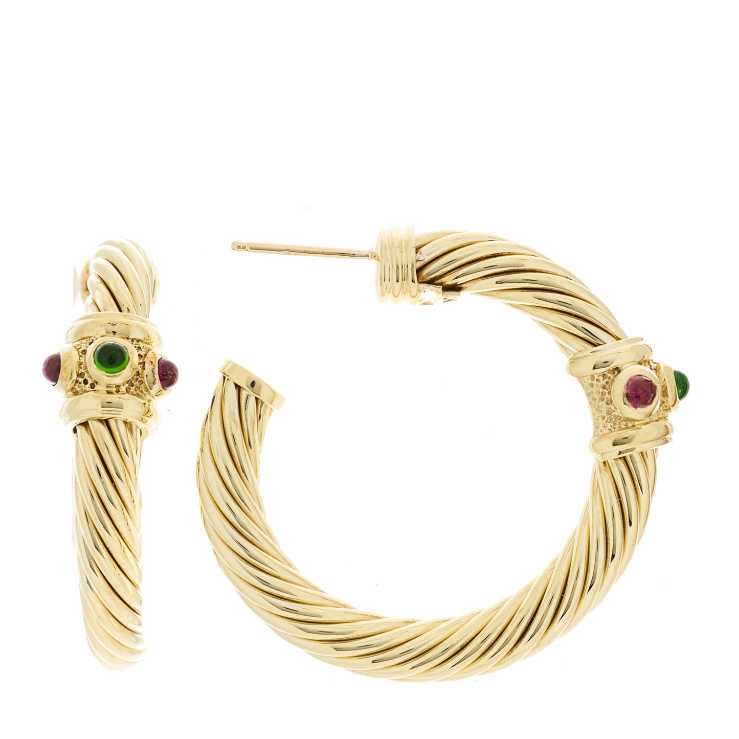 14K Yellow Gold Garnet Tourmaline Sculpted Cable Hoop Earrings