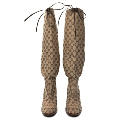 Gucci Monogram Malaga Kid Lisa Mid Heel Boots 40 Beige Ebony 2 of 9