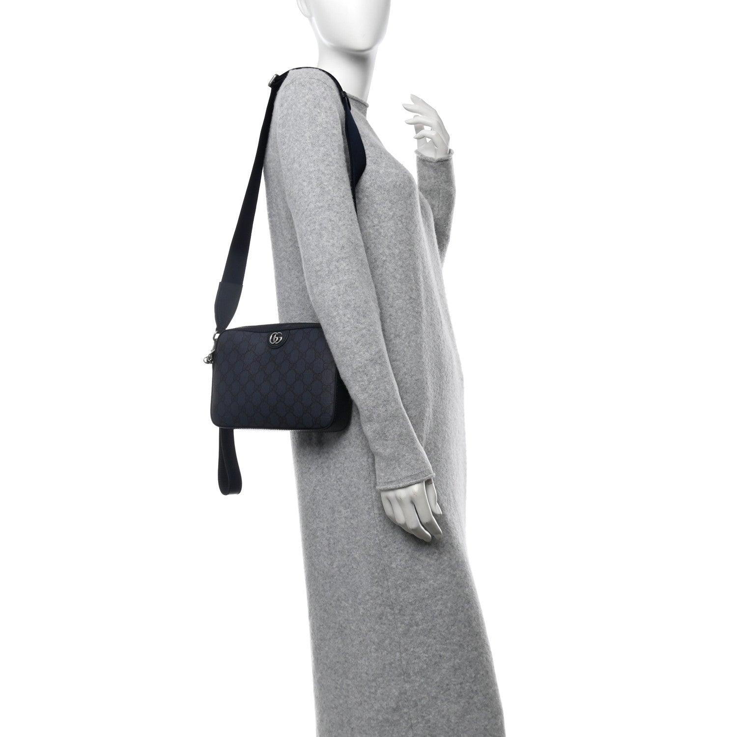Gucci GG Supreme Monogram Textured Dollar Calfskin Web Ophidia Wristlet Shoulder Bag Black Blue 2 of 10
