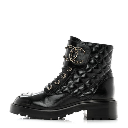 Chanel Shiny Goatskin Calfskin Quilted Lace Up Combat Boots 37 Black 1 of 11