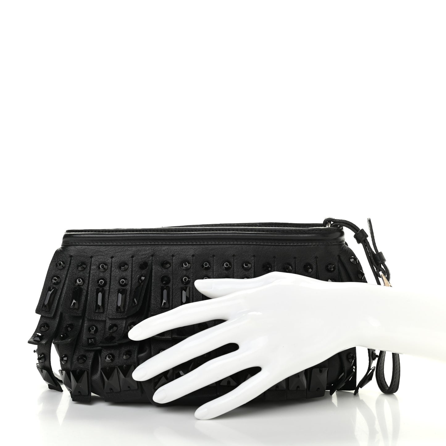 Nappa Jeweled Fringe Wristlet Clutch Black