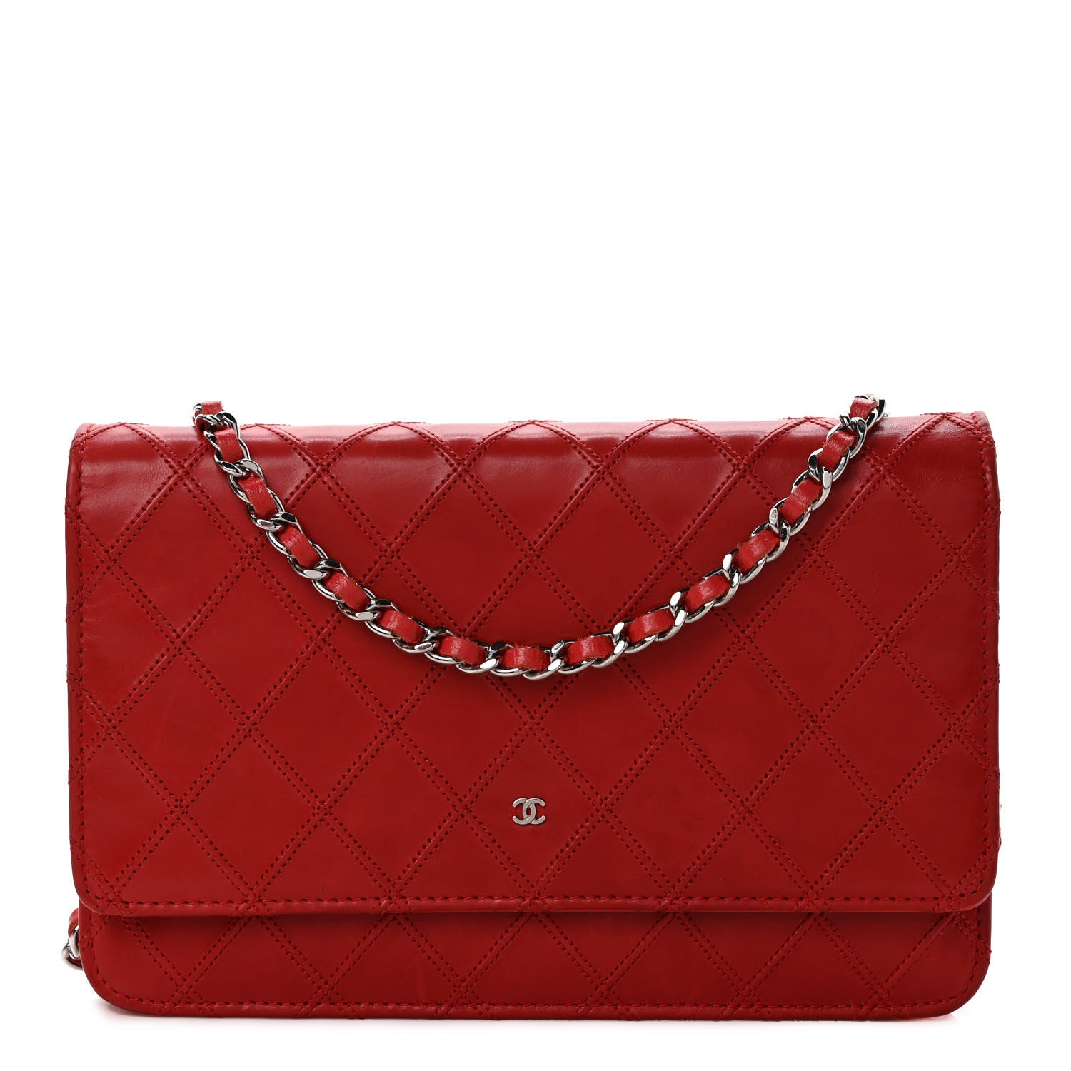 Chanel Lambskin Diamond Stitched Wallet On Chain WOC Red 1 of 12