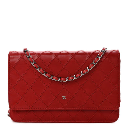 Chanel Lambskin Diamond Stitched Wallet On Chain WOC Red 1 of 12