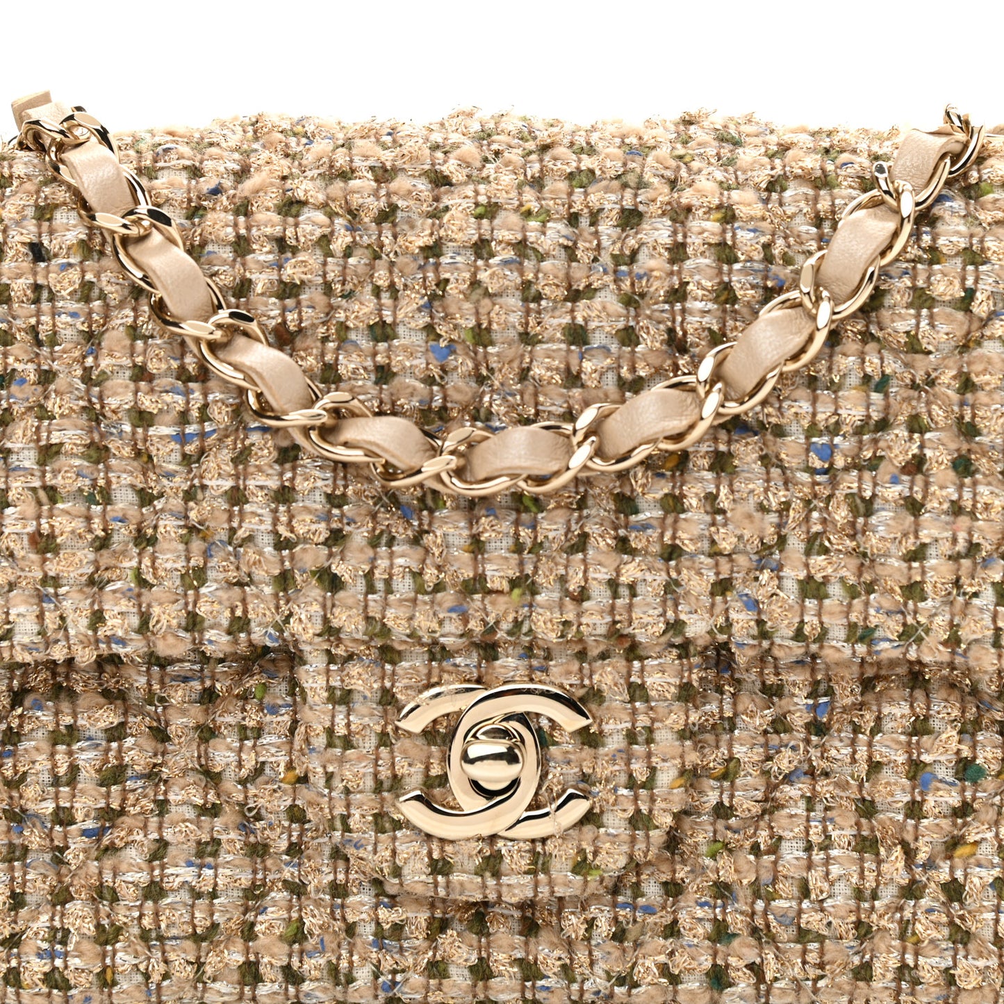 Tweed Quilted Mini Rectangular Flap Beige