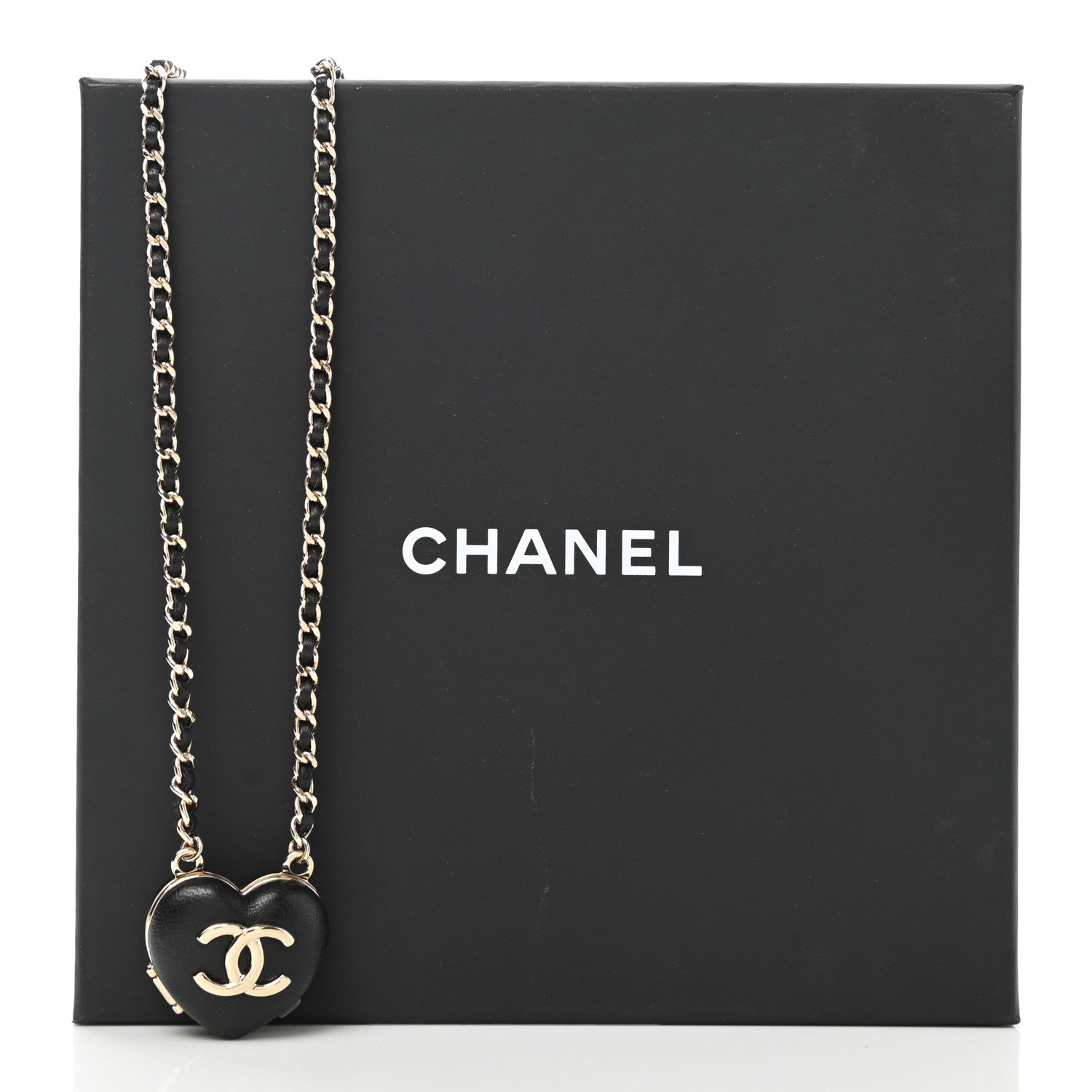 Chanel Lambskin CC Heart Mirror Locket Necklace Gold Black 1175364