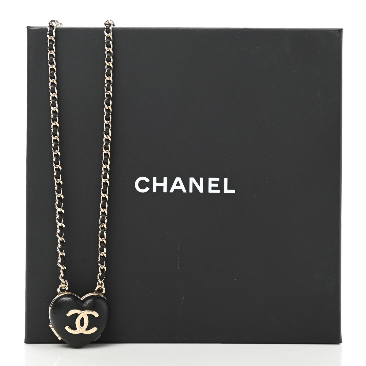 Lambskin CC Heart Mirror Locket Necklace Gold Black