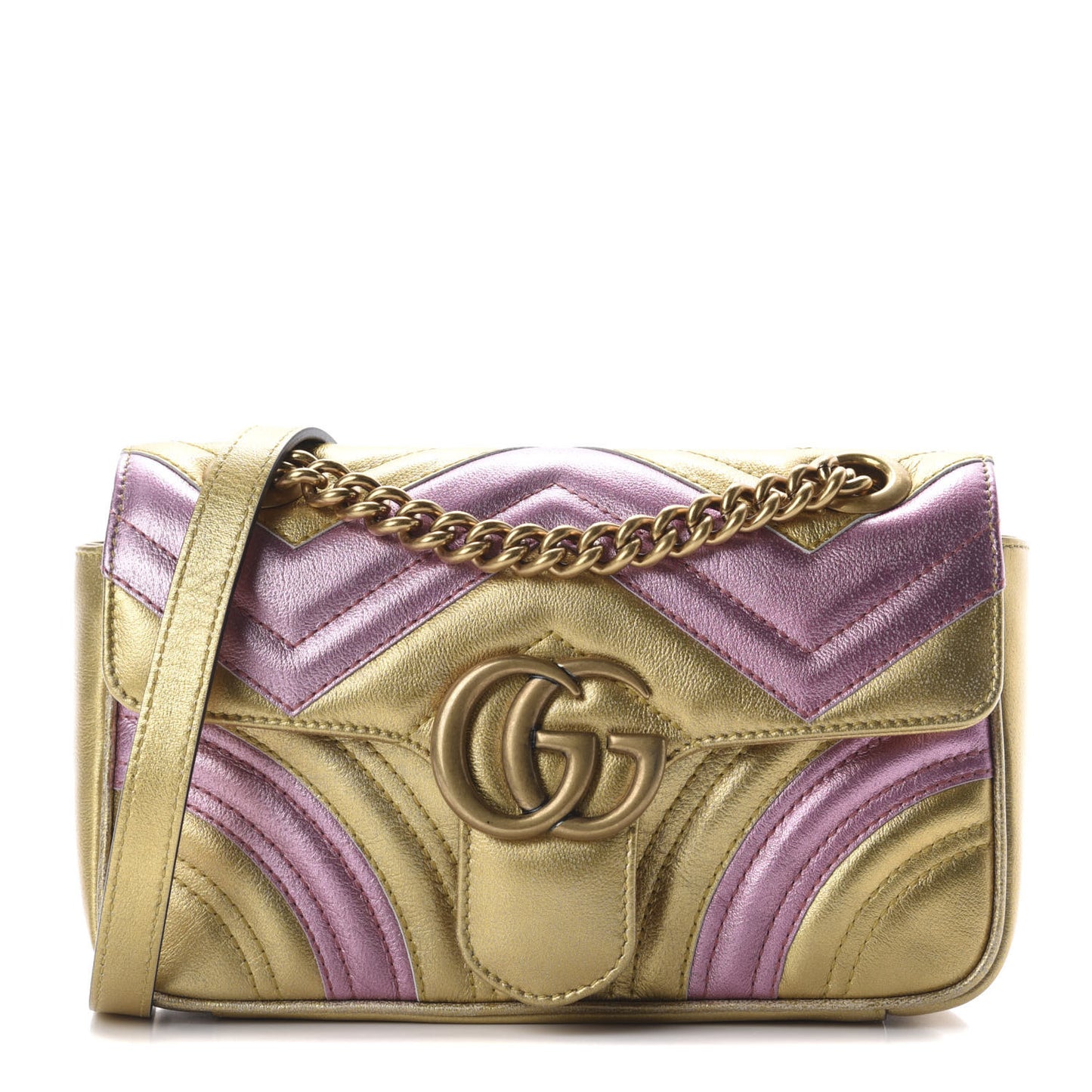 Metallic Calfskin Matelasse Mini GG Marmont Shoulder Bag Gold Pink