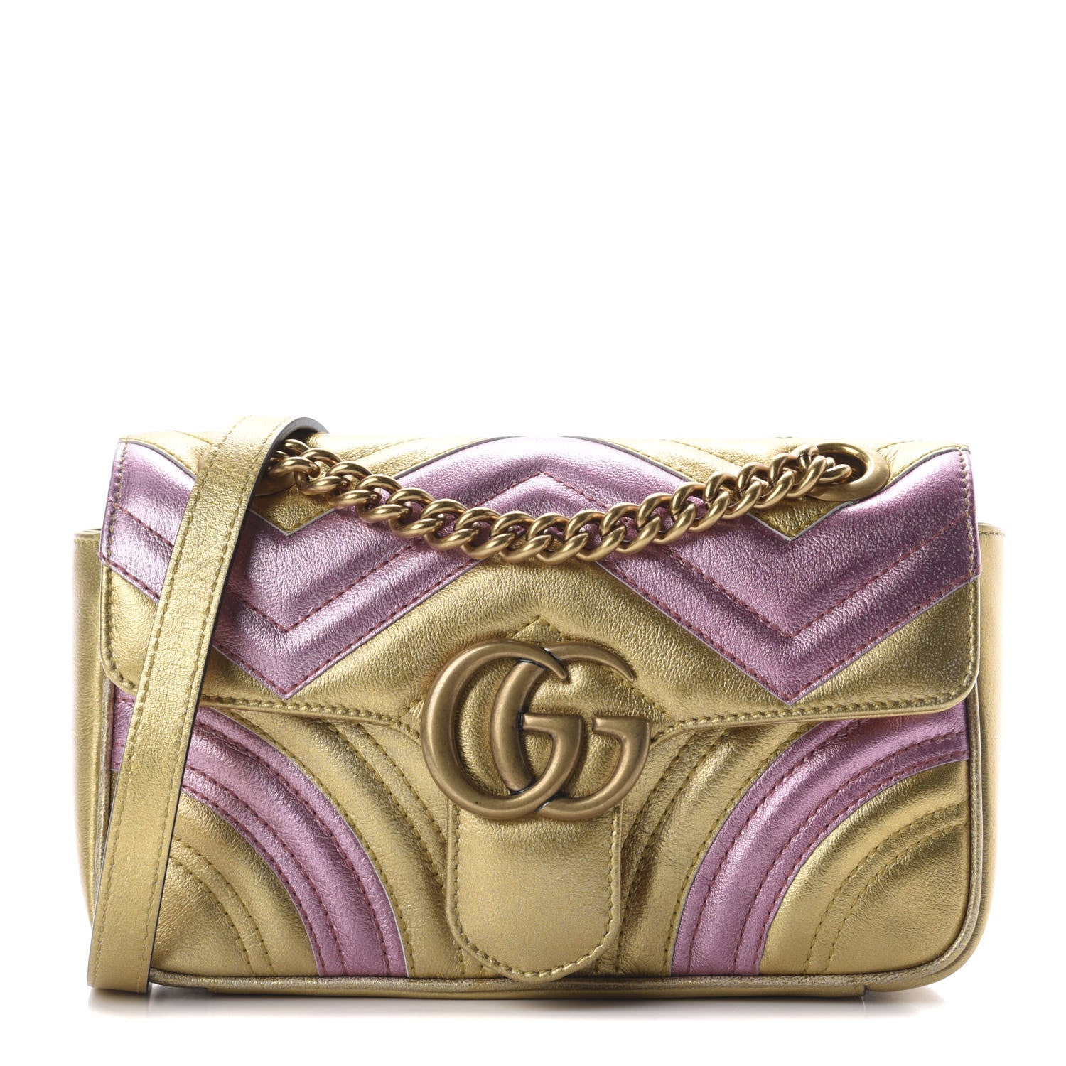 Gucci Metallic Calfskin Matelasse Mini GG Marmont Shoulder Bag Gold Pink 1 of 9
