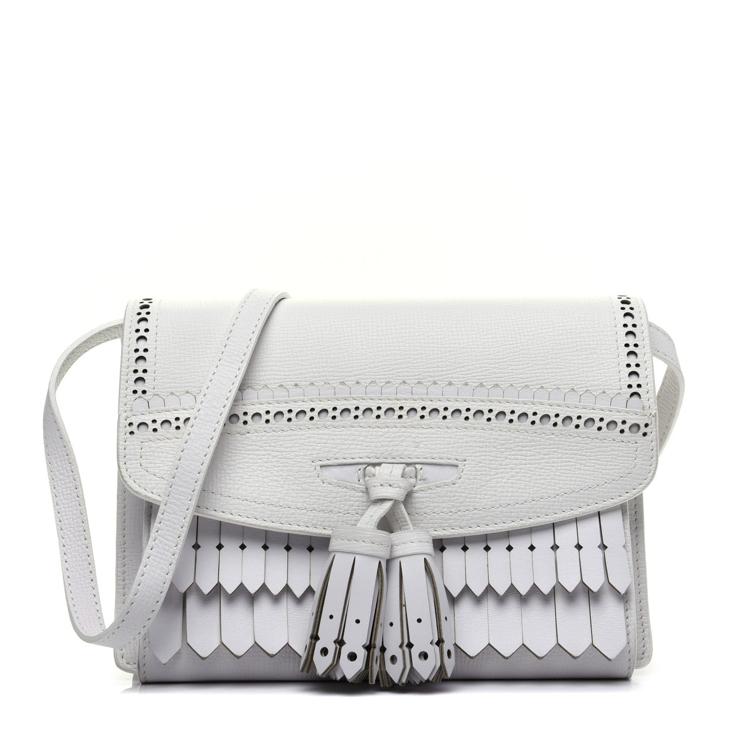 Grainy Calfskin Broguing Tassel Small Macken Crossbody Bag Chalk White
