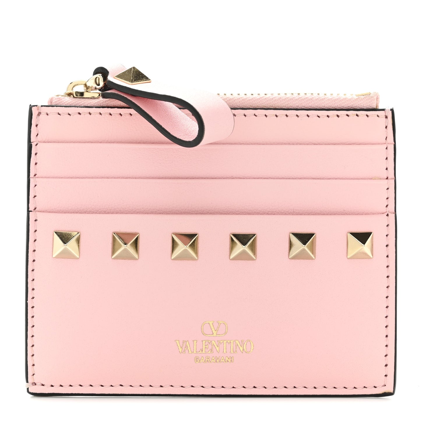Vitello Rockstud Card Holder With Zipper Light Pink